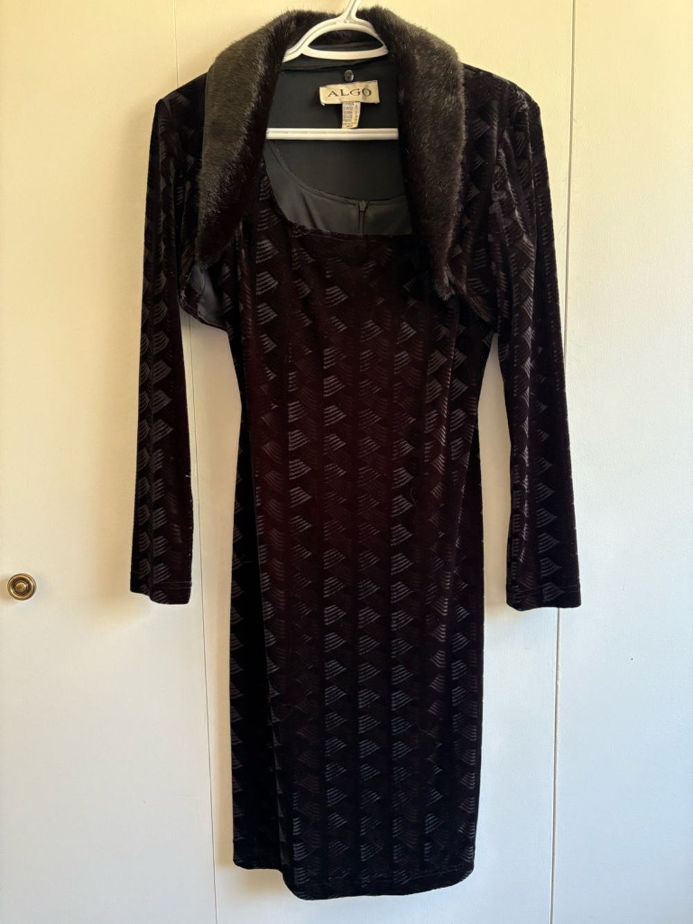 Vintage 90s Black Velvet Dress with Faux Fur Collar - Made in Canada